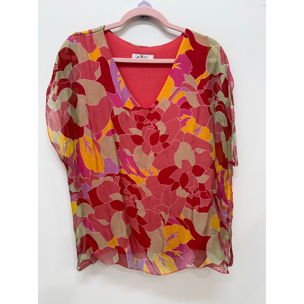 Gigi Moda Floral Silk Top One Size V-Neck Made in Italy Layered short Sleeve
